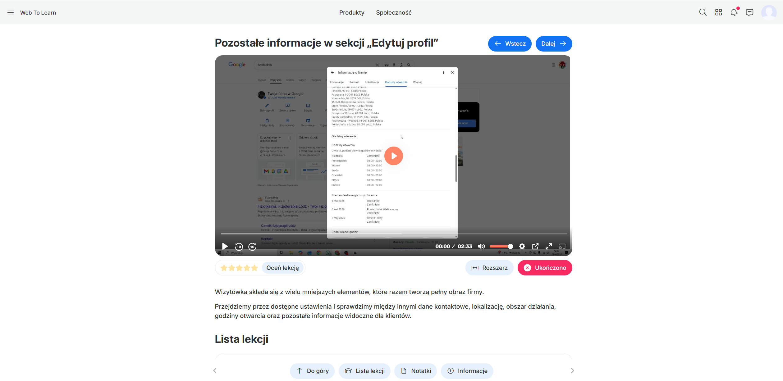 Podgląd lekcji kursu — informacje w sekcji Edytuj profil